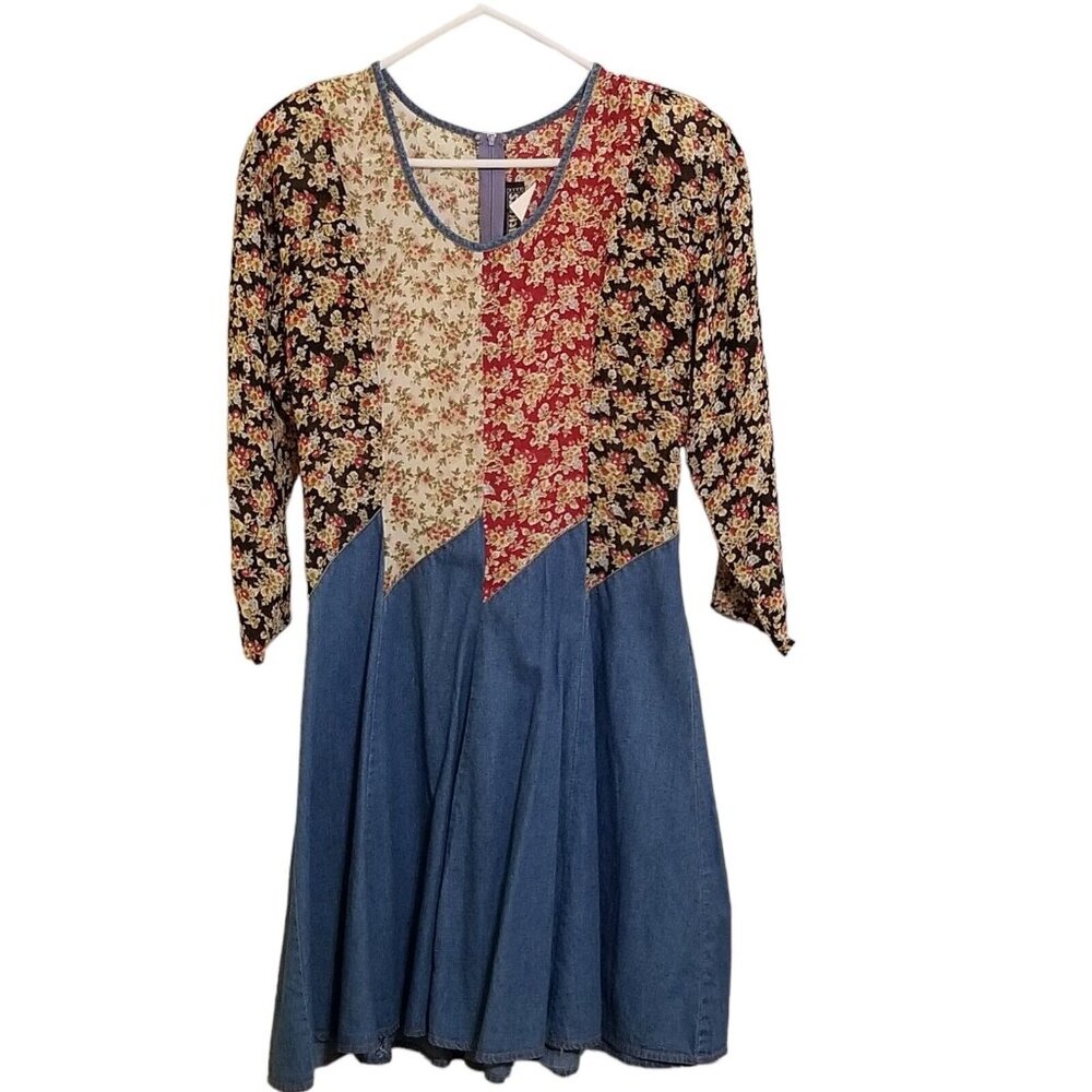 Tickets Vintage‎ Dress S Cottagecore Floral Top Denim Skirt Long Sleeve Knee